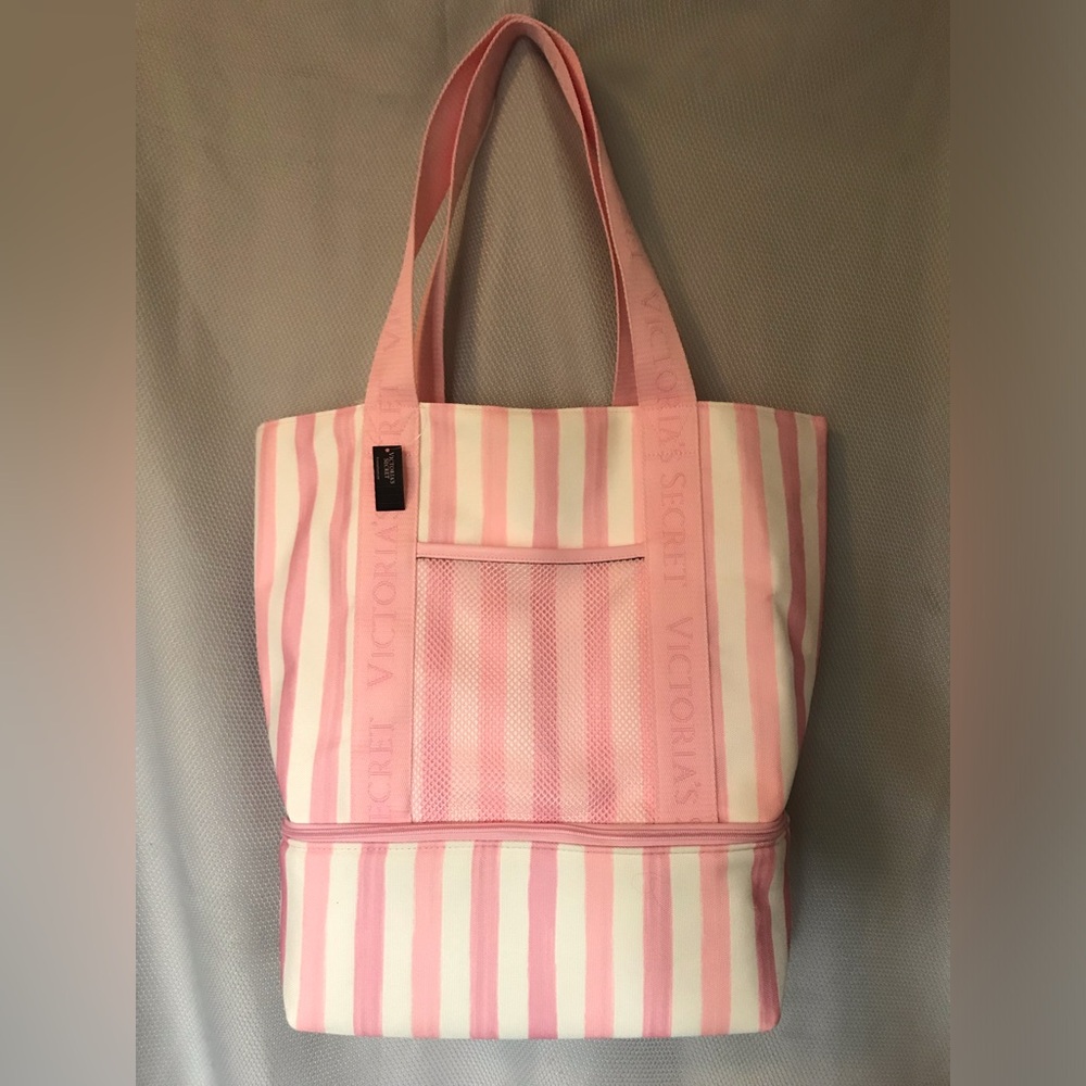 Victoria's Secret Pink & White Striped Tote with Mesh Front Pocket